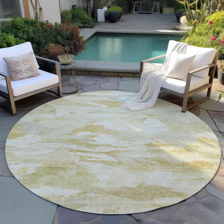 8' Beige Light Green And Brown Round Abstract Washable Indoor Outdoor Area Rug