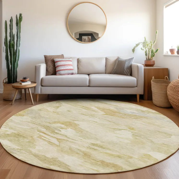 8' Beige Light Green And Brown Round Abstract Washable Indoor Outdoor Area Rug