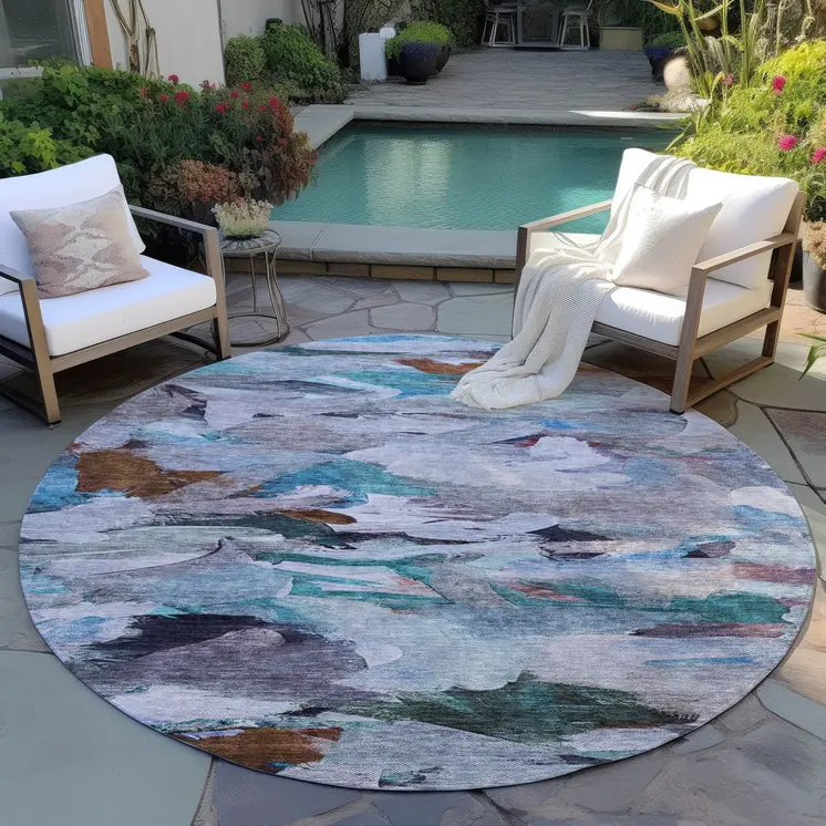 8' Blue Gray And Brown Round Abstract Washable Indoor Outdoor Area Rug