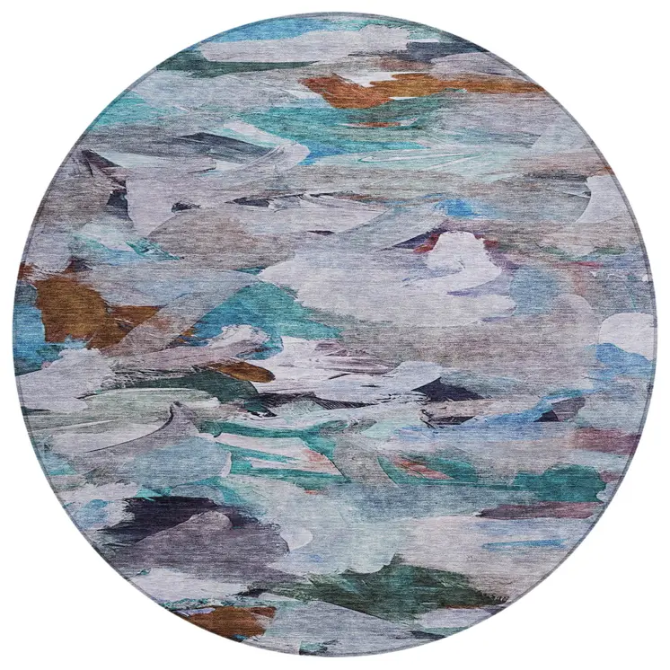 8' Blue Gray And Brown Round Abstract Washable Indoor Outdoor Area Rug