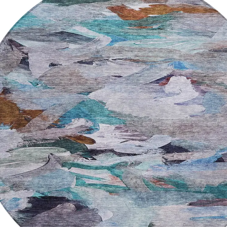 8' Blue Gray And Brown Round Abstract Washable Indoor Outdoor Area Rug