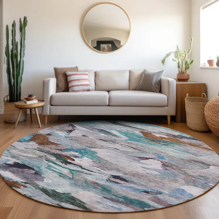8' Blue Gray And Brown Round Abstract Washable Indoor Outdoor Area Rug