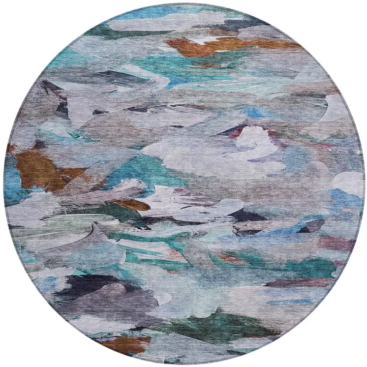 8' Blue Gray And Brown Round Abstract Washable Indoor Outdoor Area Rug