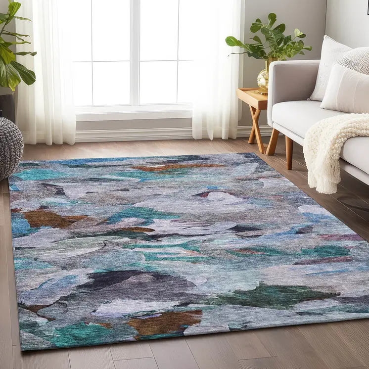 9' X 12' Blue Gray And Brown Abstract Washable Indoor Outdoor Area Rug