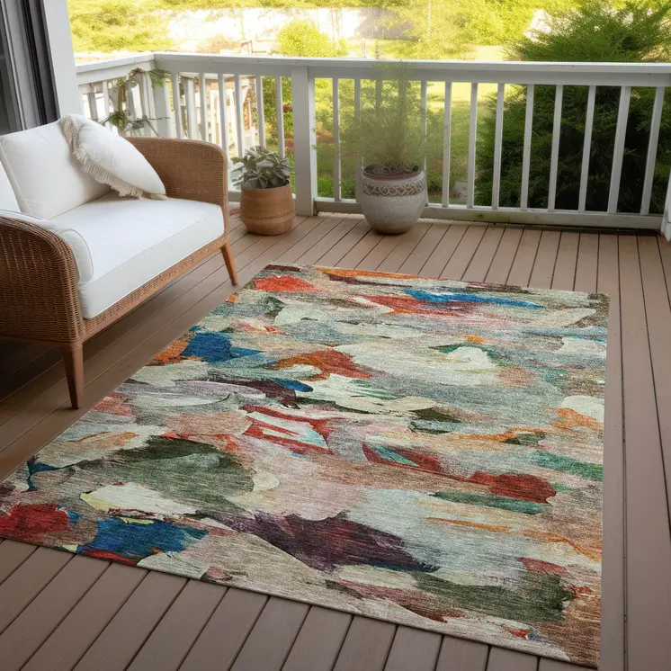3' X 5' Green Teal Blue And Terra Cotta Abstract Washable Indoor Outdoor Area Rug
