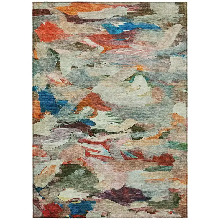 3' X 5' Green Teal Blue And Terra Cotta Abstract Washable Indoor Outdoor Area Rug