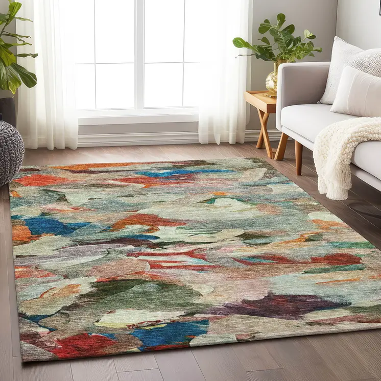 3' X 5' Green Teal Blue And Terra Cotta Abstract Washable Indoor Outdoor Area Rug
