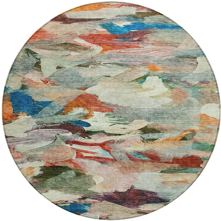 8' Green Teal Blue And Terra Cotta Round Abstract Washable Indoor Outdoor Area Rug