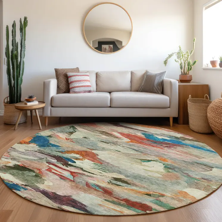 8' Green Teal Blue And Terra Cotta Round Abstract Washable Indoor Outdoor Area Rug