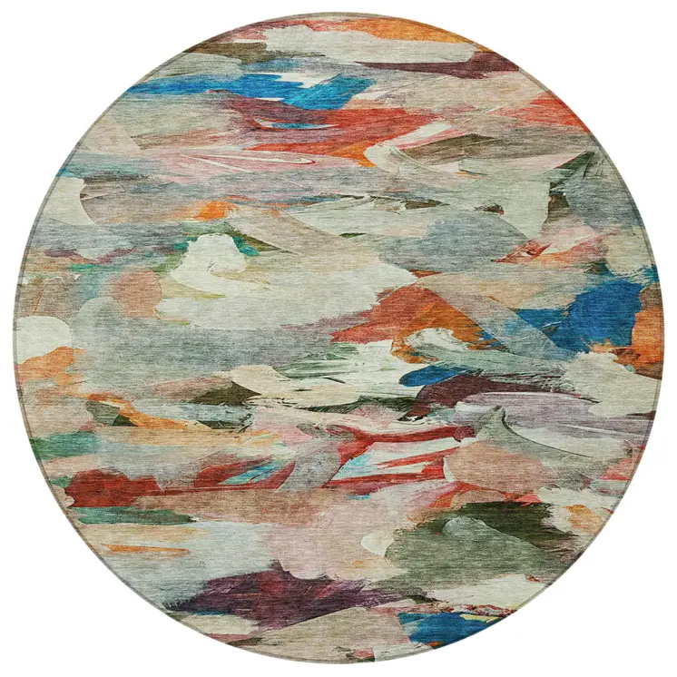 8' Green Teal Blue And Terra Cotta Round Abstract Washable Indoor Outdoor Area Rug