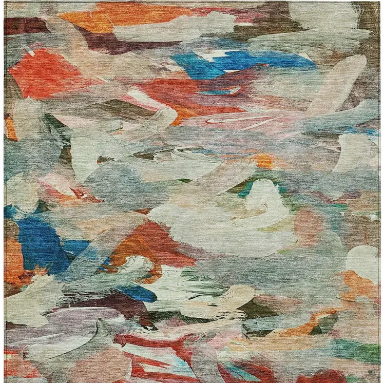 8' X 10' Green Teal Blue And Terra Cotta Abstract Washable Indoor Outdoor Area Rug