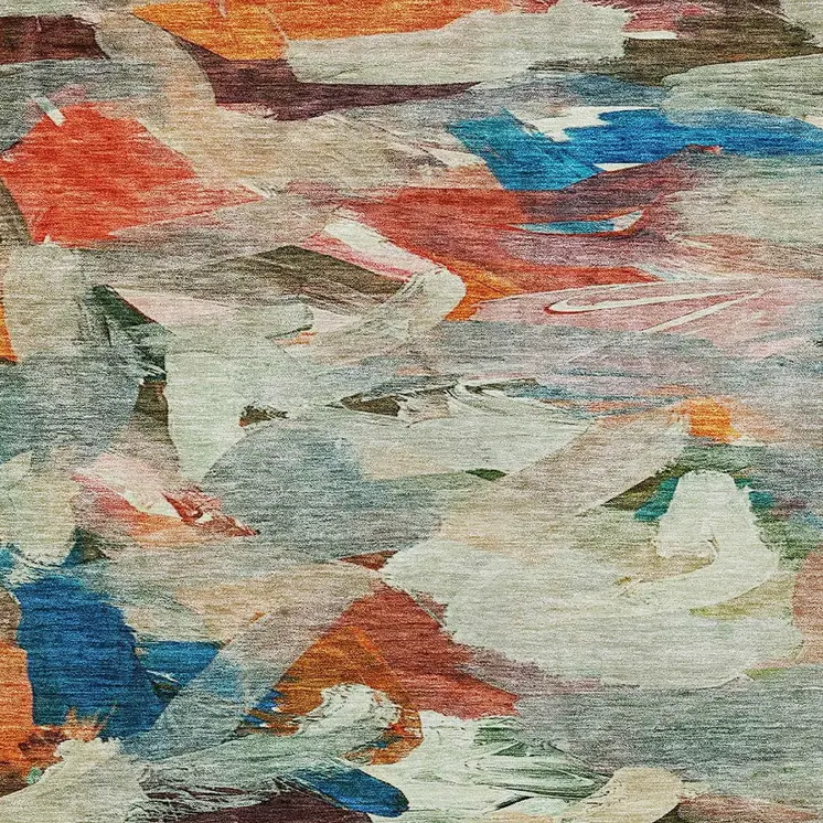 9' X 12' Green Teal Blue And Terra Cotta Abstract Washable Indoor Outdoor Area Rug