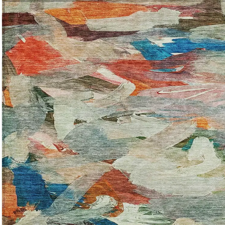 10' X 14' Green Teal Blue And Terra Cotta Abstract Washable Indoor Outdoor Area Rug