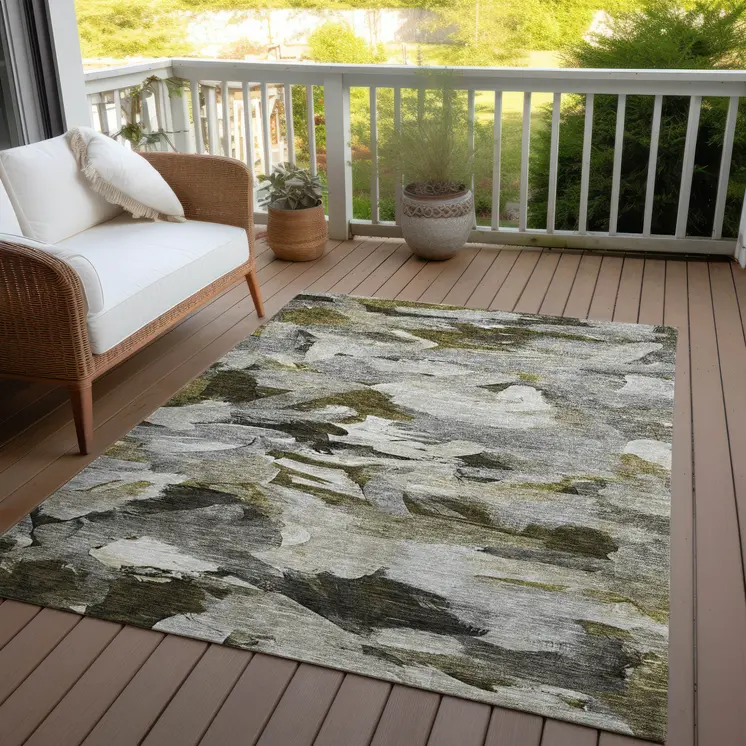 3' X 5' Granite Gray And Green Abstract Washable Indoor Outdoor Area Rug