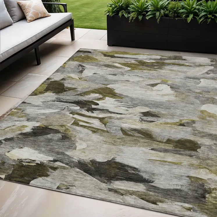 5' X 8' Granite Gray And Green Abstract Washable Indoor Outdoor Area Rug