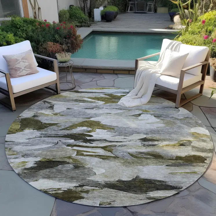 8' Granite Gray And Green Round Abstract Washable Indoor Outdoor Area Rug