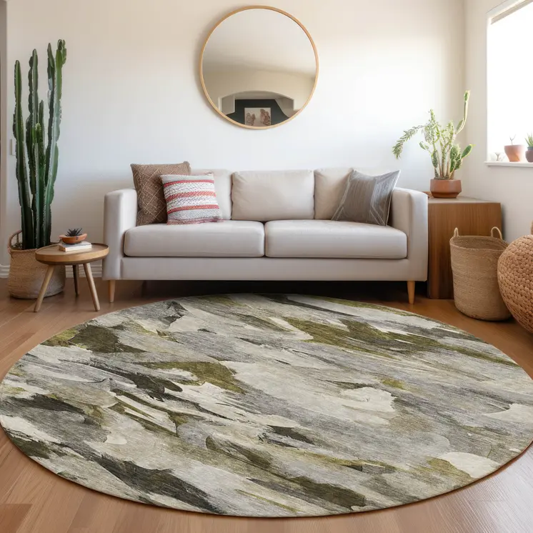 8' Granite Gray And Green Round Abstract Washable Indoor Outdoor Area Rug
