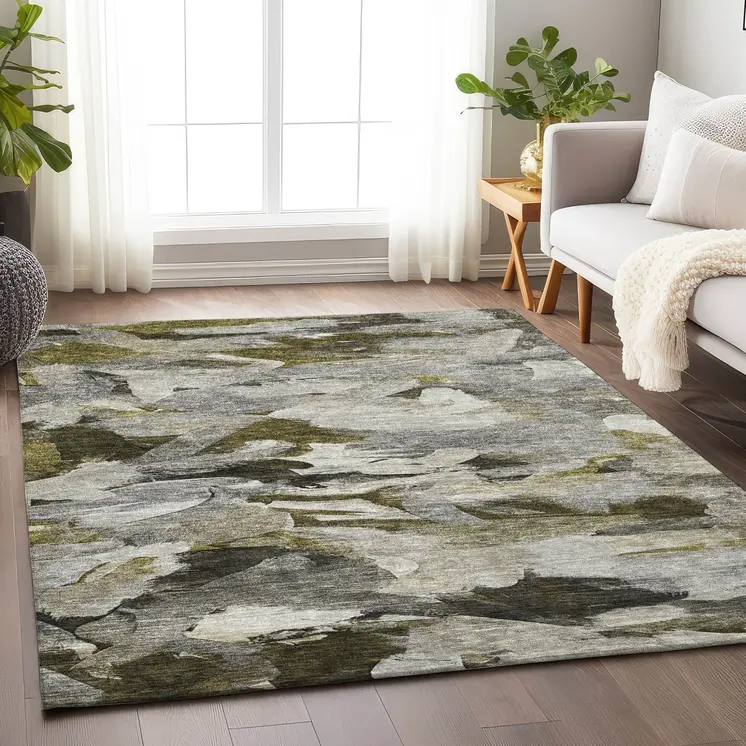 8' X 10' Granite Gray And Green Abstract Washable Indoor Outdoor Area Rug