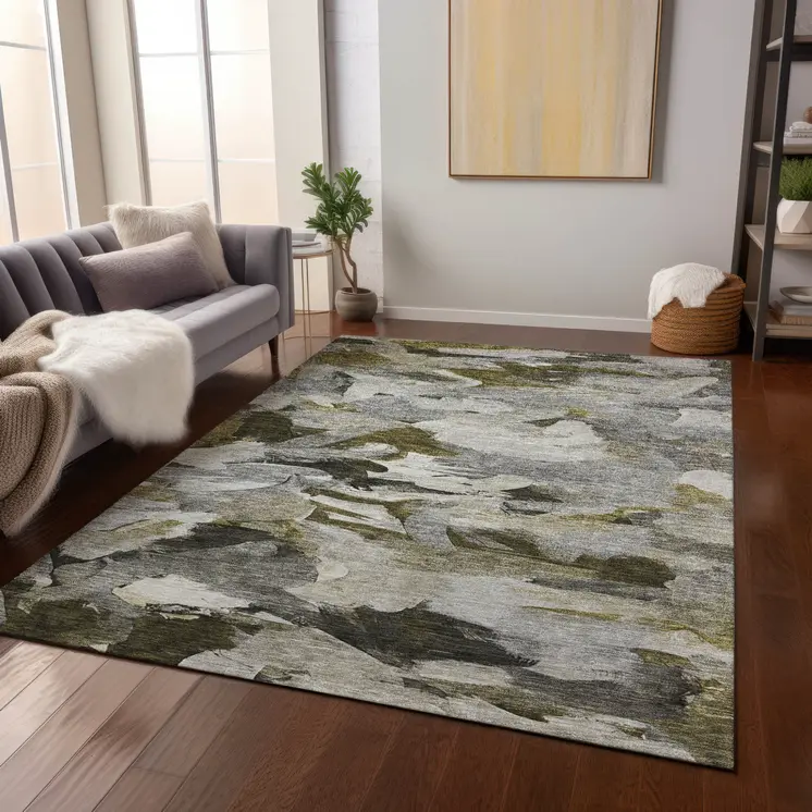 8' X 10' Granite Gray And Green Abstract Washable Indoor Outdoor Area Rug