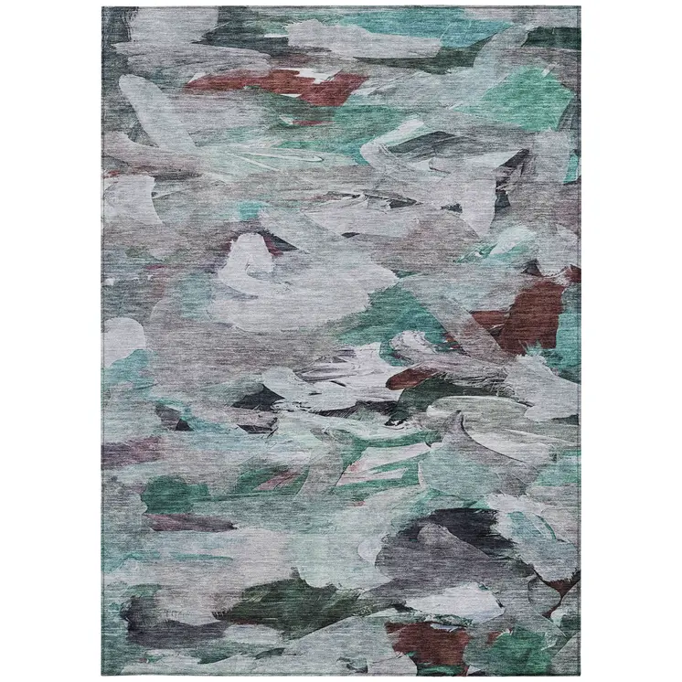 3' X 5' Teal Blue Gray And Brown Abstract Washable Indoor Outdoor Area Rug