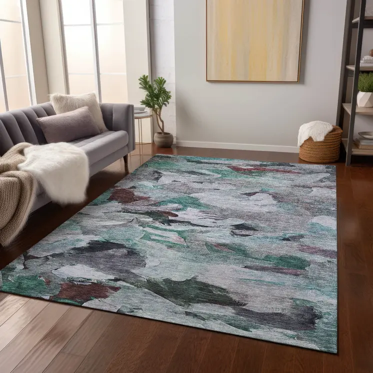 3' X 5' Teal Blue Gray And Brown Abstract Washable Indoor Outdoor Area Rug