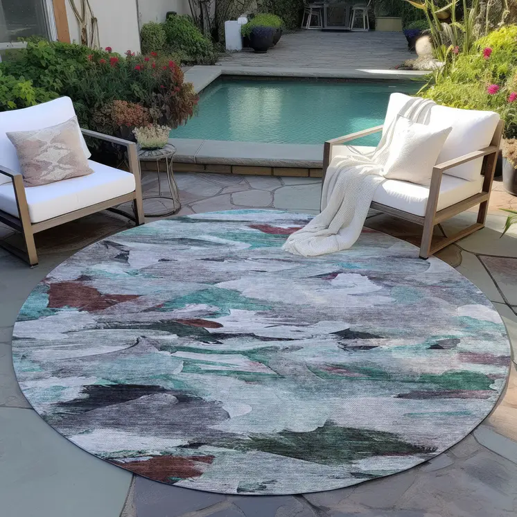 8' Teal Blue Gray And Brown Round Abstract Washable Indoor Outdoor Area Rug