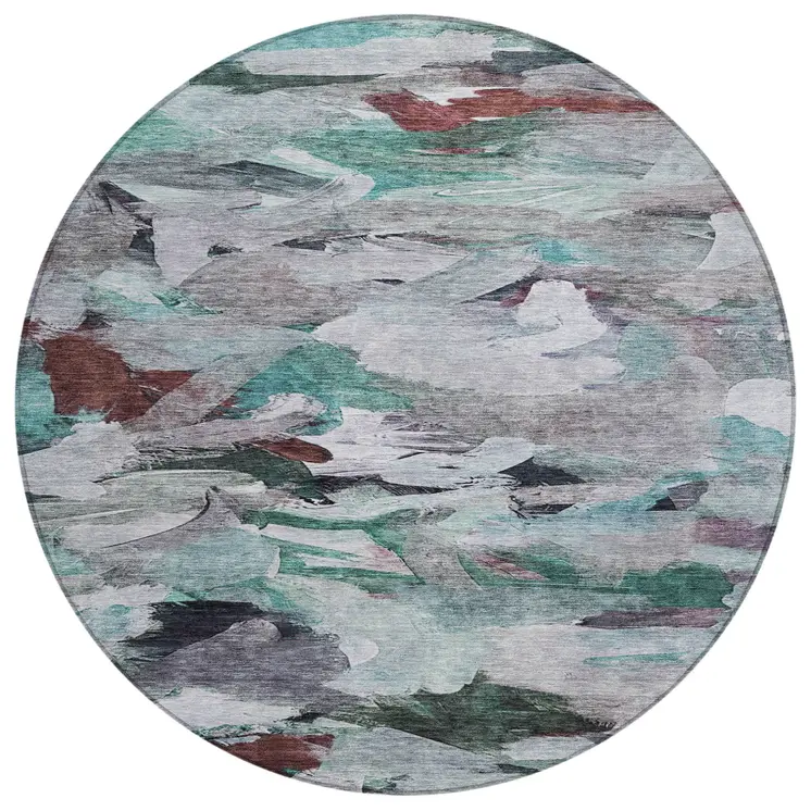 8' Teal Blue Gray And Brown Round Abstract Washable Indoor Outdoor Area Rug