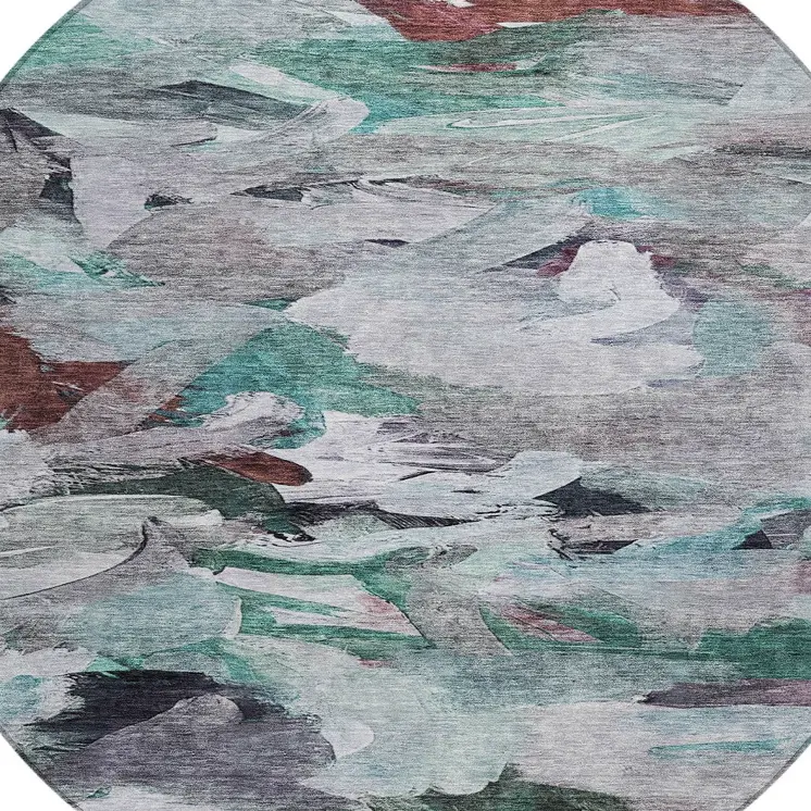 8' Teal Blue Gray And Brown Round Abstract Washable Indoor Outdoor Area Rug