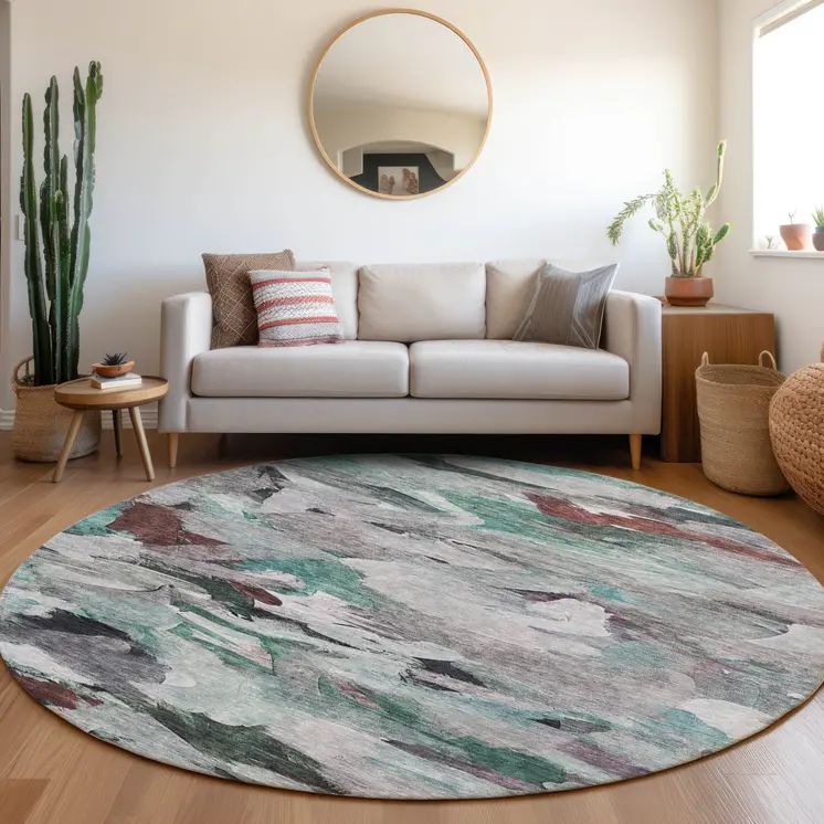 8' Teal Blue Gray And Brown Round Abstract Washable Indoor Outdoor Area Rug