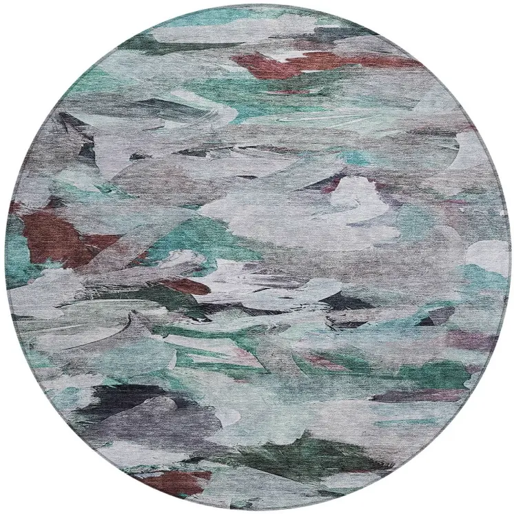 8' Teal Blue Gray And Brown Round Abstract Washable Indoor Outdoor Area Rug