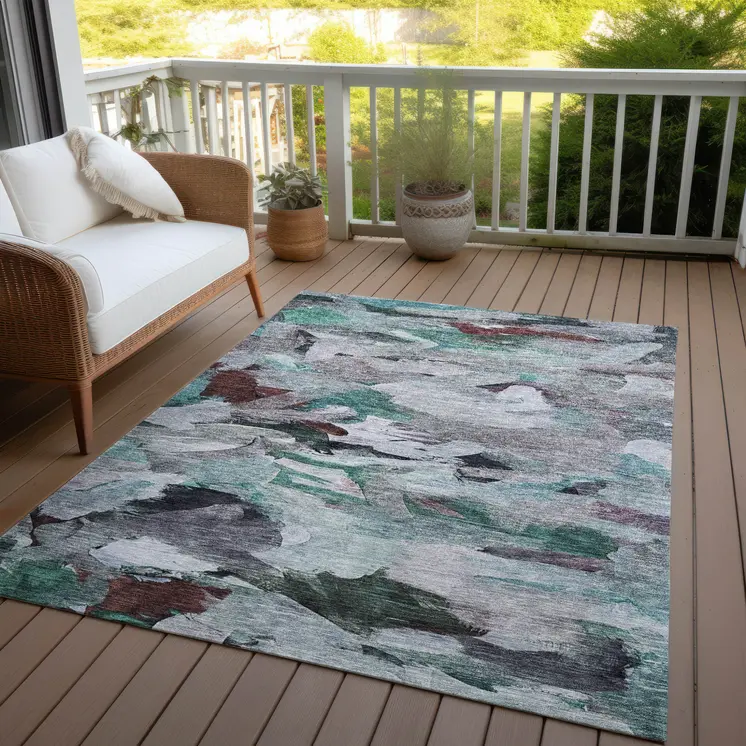 10' X 14' Teal Blue Gray And Brown Abstract Washable Indoor Outdoor Area Rug