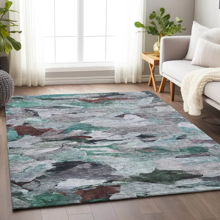 10' X 14' Teal Blue Gray And Brown Abstract Washable Indoor Outdoor Area Rug