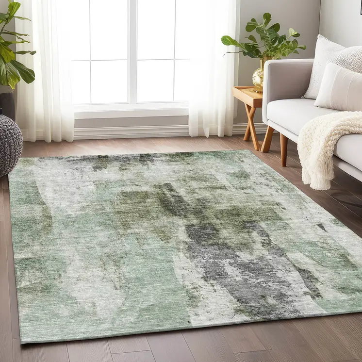 3' X 5' Mint Green Ivory And Gray Abstract Washable Indoor Outdoor Area Rug