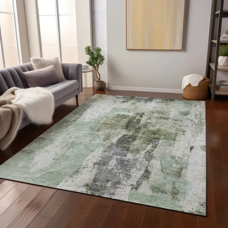 3' X 5' Mint Green Ivory And Gray Abstract Washable Indoor Outdoor Area Rug