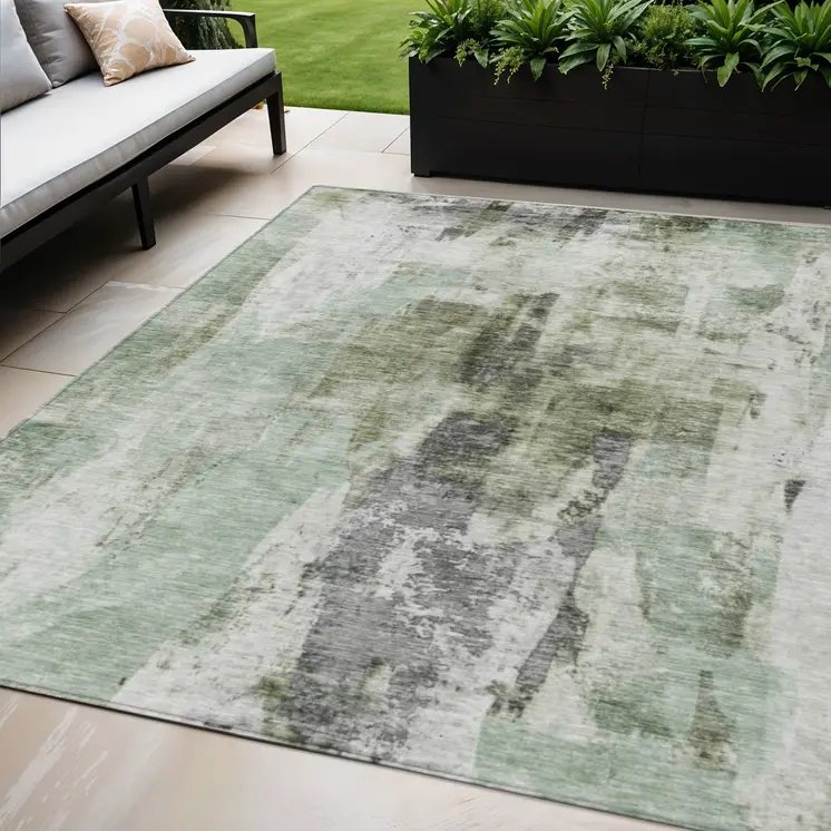 5' X 8' Mint Green Ivory And Gray Abstract Washable Indoor Outdoor Area Rug