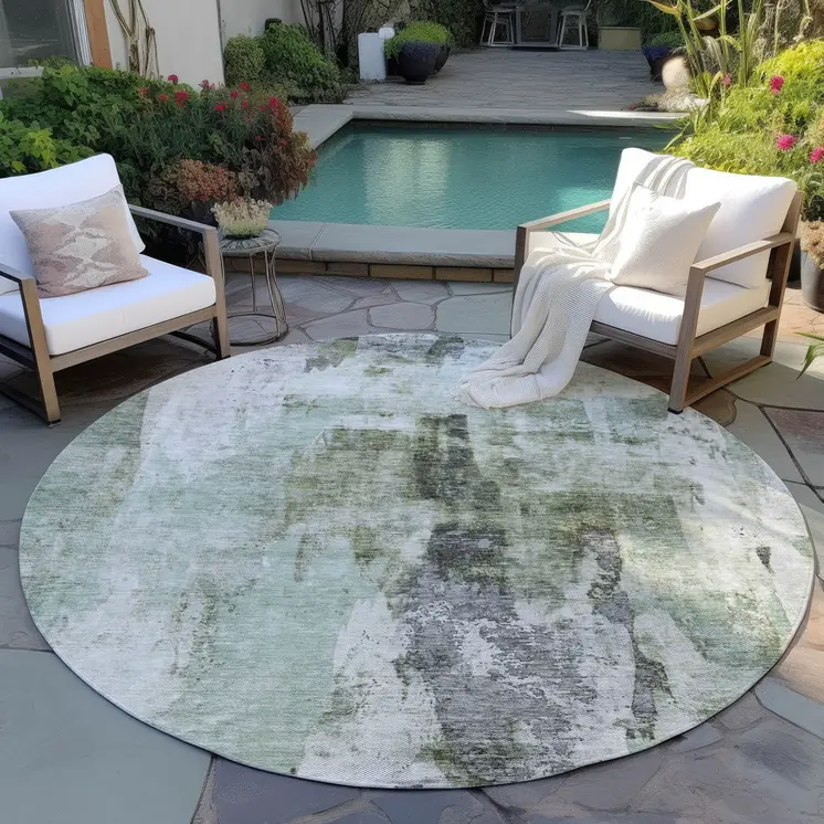 8' Mint Green Ivory And Gray Round Abstract Washable Indoor Outdoor Area Rug