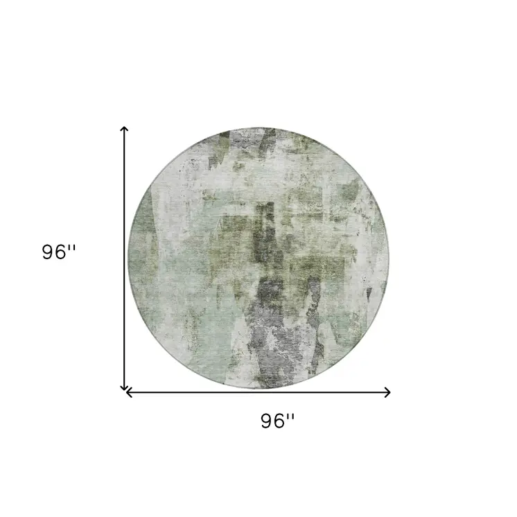 8' Mint Green Ivory And Gray Round Abstract Washable Indoor Outdoor Area Rug