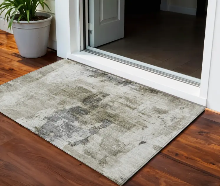 3' X 5' Taupe Ivory And Gray Abstract Washable Indoor Outdoor Area Rug