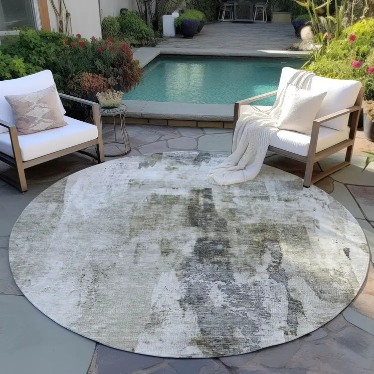8' Taupe Ivory And Gray Round Abstract Washable Indoor Outdoor Area Rug