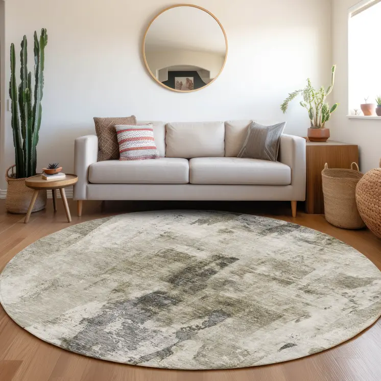 8' Taupe Ivory And Gray Round Abstract Washable Indoor Outdoor Area Rug