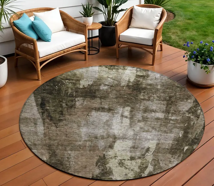 8' Brown Black And Beige Round Abstract Washable Indoor Outdoor Area Rug