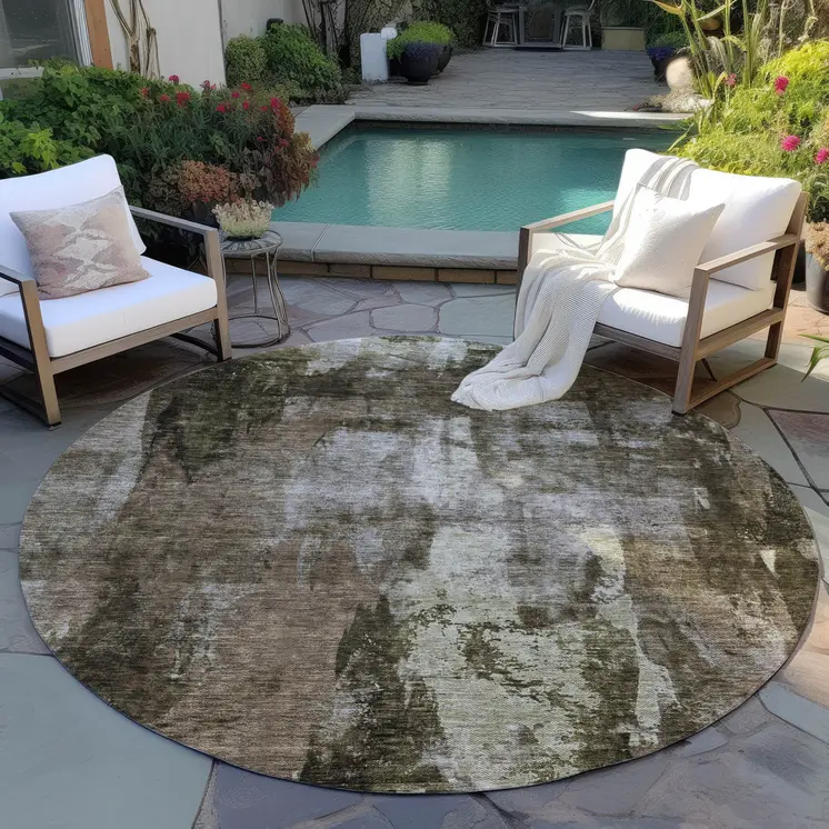 8' Brown Black And Beige Round Abstract Washable Indoor Outdoor Area Rug