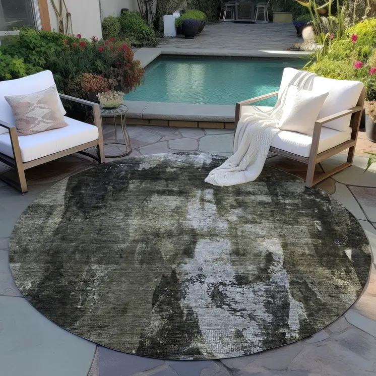 8' Charcoal And Black Round Abstract Washable Indoor Outdoor Area Rug