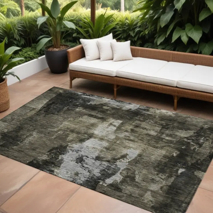 10' X 14' Charcoal And Black Abstract Washable Indoor Outdoor Area Rug