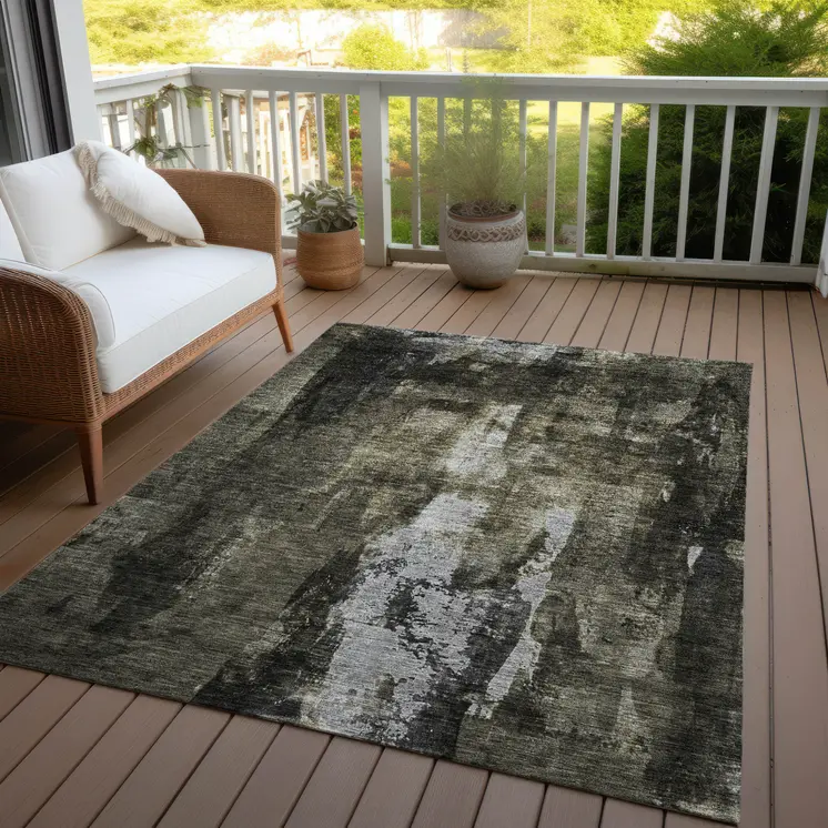 10' X 14' Charcoal And Black Abstract Washable Indoor Outdoor Area Rug
