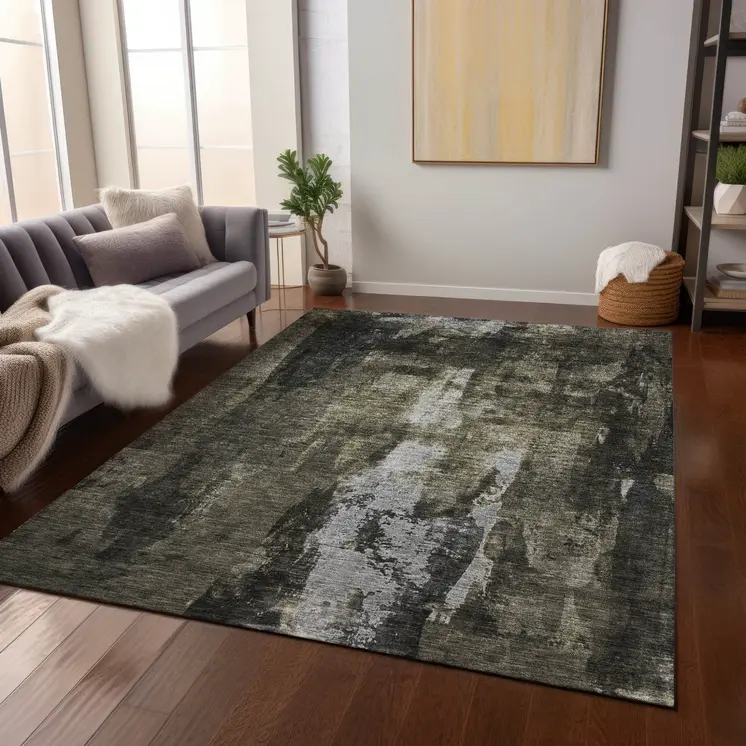 10' X 14' Charcoal And Black Abstract Washable Indoor Outdoor Area Rug