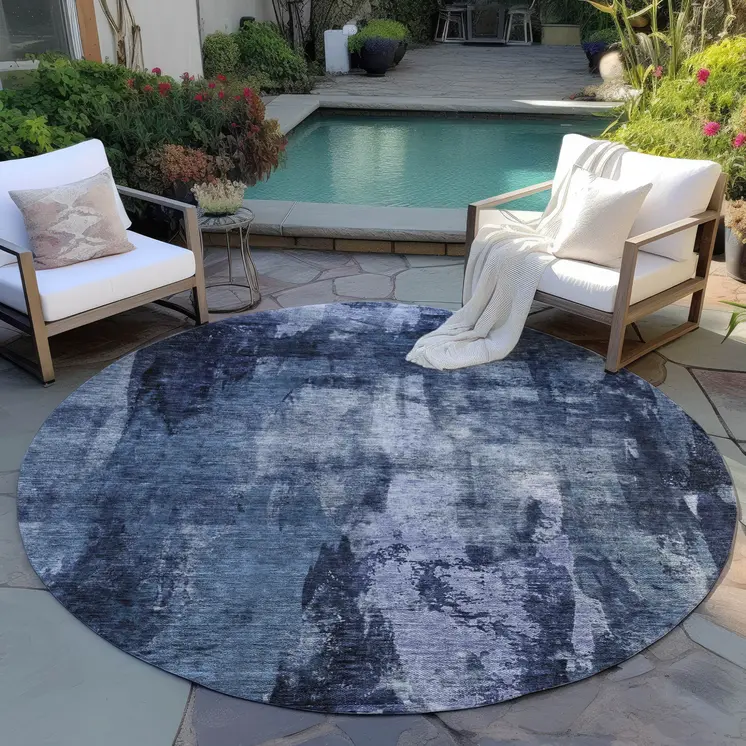 8' Navy Blue Black And Gray Round Abstract Washable Indoor Outdoor Area Rug