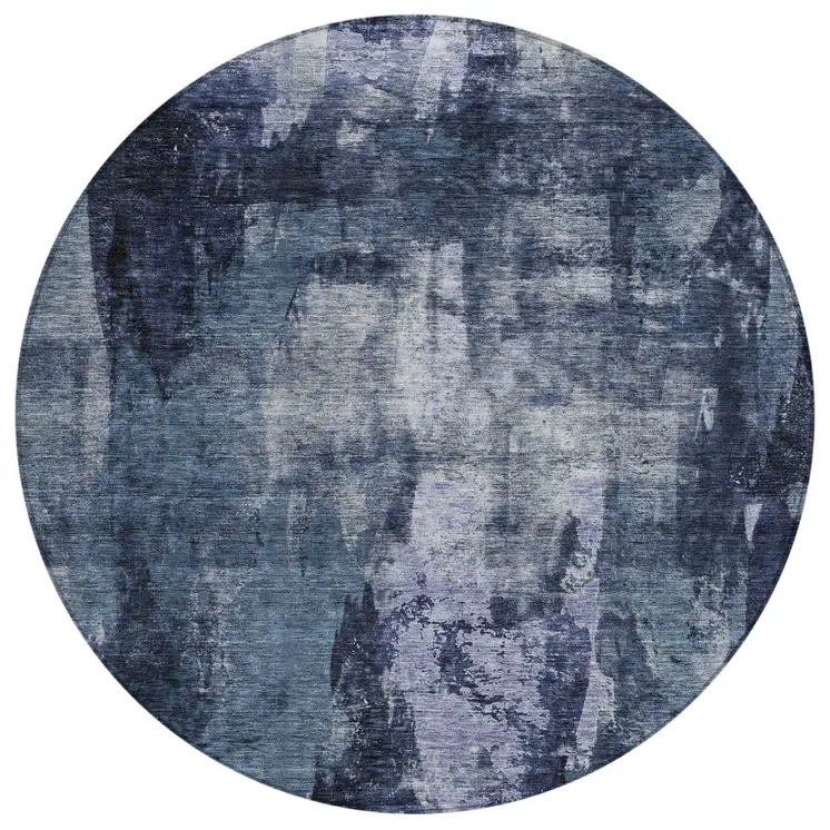 8' Navy Blue Black And Gray Round Abstract Washable Indoor Outdoor Area Rug