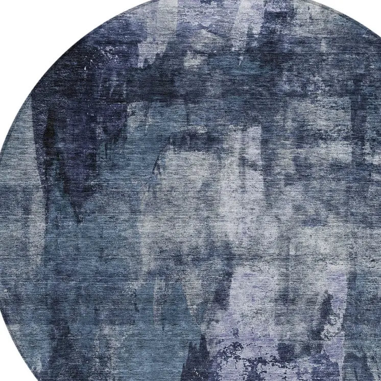 8' Navy Blue Black And Gray Round Abstract Washable Indoor Outdoor Area Rug