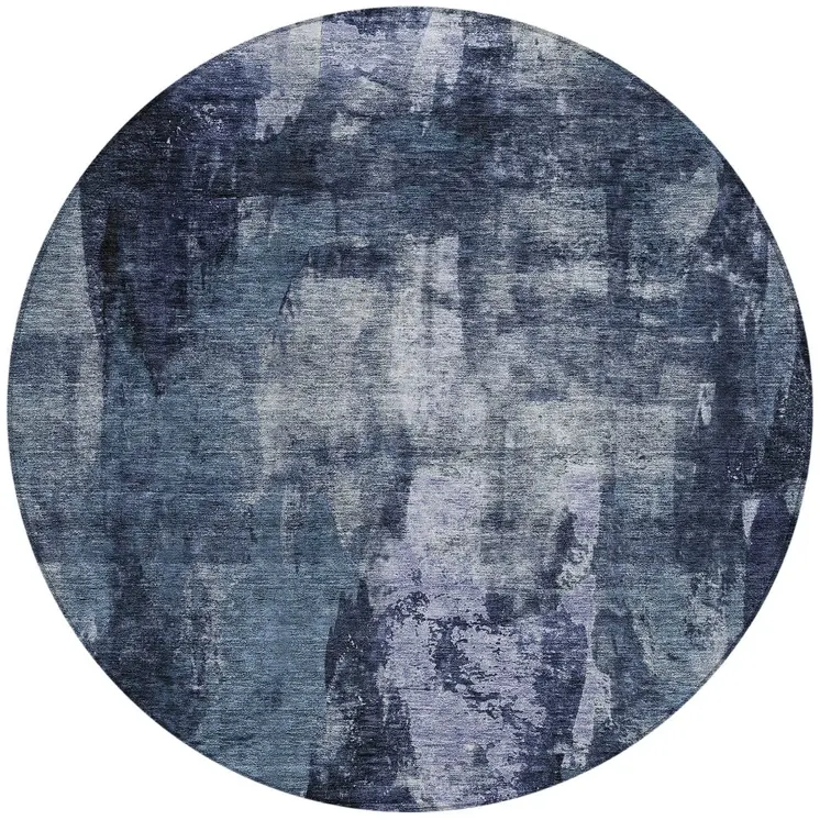 8' Navy Blue Black And Gray Round Abstract Washable Indoor Outdoor Area Rug